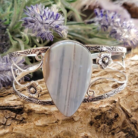 Wide Sterling Silver Cuff, Ocean Whisper Blue Agate Cuff Bracelet - Picture 10 of 10